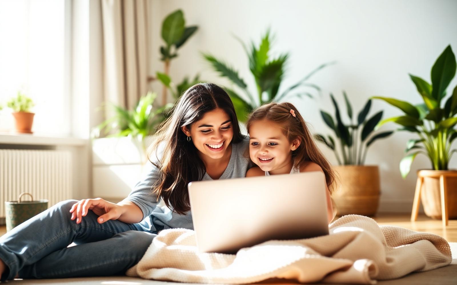 A parent and child using a laptop together at home on Rogers Internet